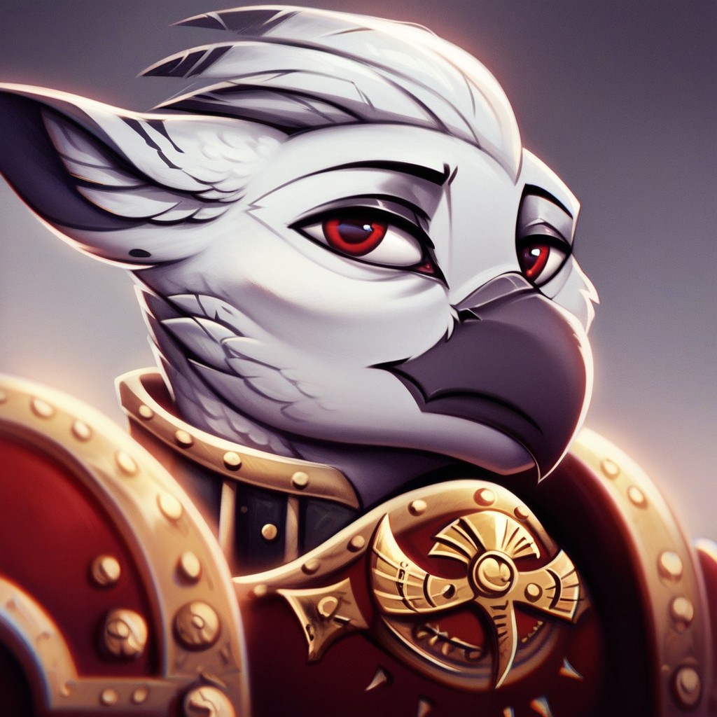 masterpiece, score_9_up, score_8_up, score_7_up, score_6_up, (best quality:1.2), ultra-detailed, high resolution, Painting, solo, Ferdinand Dawnclaw, griffon albino, avian, anthro, male, (beautiful detailed red eyes), white hair, feathers, feathery ears, black beak, closed mouth, portrait, chaos armor, from warhammer 40k, warhammer 40k style, thin eyebrows, madness eyes, standing, detailed facial features, expressiveh, simple background, highly visible, sharp focus, anatomically correct