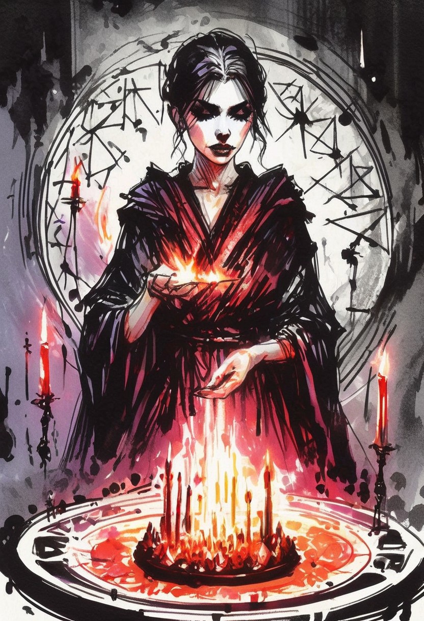 inksketch,
a grim faced young woman wearing a black robe, buzzcut, lipstick, magic circle, sorceror, crystals, portal, lighting, fire, mist, ritual,