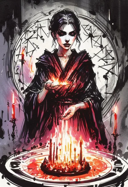 inksketch,
a grim faced young woman wearing a black robe, buzzcut, lipstick, magic circle, sorceror, crystals, portal, lighting, fire, mist, ritual,