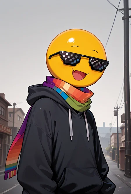 <lora:xmattar-10:1> xmattar, open mouth, rainbow scarf, , solo, smile, pixel sunglasses, 1boy,black hoodie, yellow skin, circular head,, <lora:PepePunchMeme_illusXLNoobAI_Incrs_v1:1> incrspunchmeme, masterpiece, best quality, amazing quality, very aesthetic, absurdres, newest,