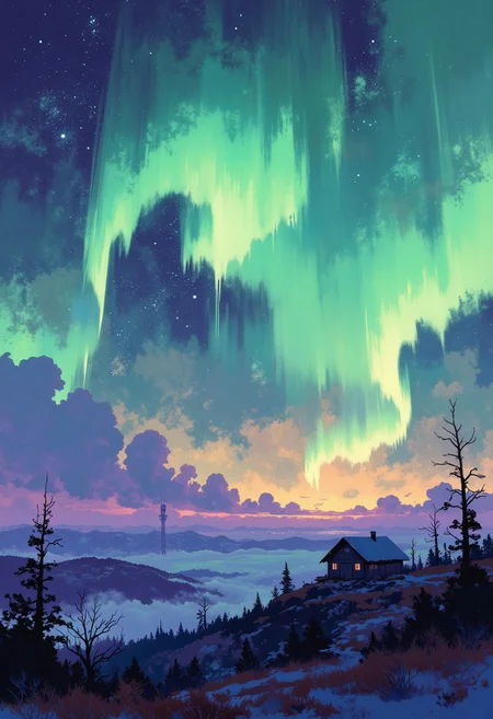 A breathtaking, cinematic view of mountain forest, aurora borealis stretching across a vast night sky, focus on cozy cabin, painted in vibrant shades of green and subtle purple hues. The auroras ripple and dance gracefully, illuminating the thick, textured clouds below with a soft, ethereal glow. The sky transitions from the deep blue of twilight to the golden hues of a fading sunset on the horizon, creating a striking interplay of warm and cool tones.
The foreground features a tranquil natural landscape, with sparse silhouettes of leafless trees and bushes framing the scene. A distant observation tower stands as a subtle yet distinct element, emphasizing the scale and majesty of the sky above. magical galaxy sky.
The atmosphere conveys a sense of wonder and serenity, with fine details in the clouds capturing the intricate textures of a dynamic sky. The composition balances the vastness of the heavens with the quiet stillness of the earth, creating a harmonious, awe-inspiring scene. The lighting is soft yet dramatic, emphasizing the natural grandeur of this celestial phenomenon.
The art style combines hyper-realistic detailing with a touch of surreal beauty, evoking feelings of awe, tranquility, and a deep connection to the natural world.