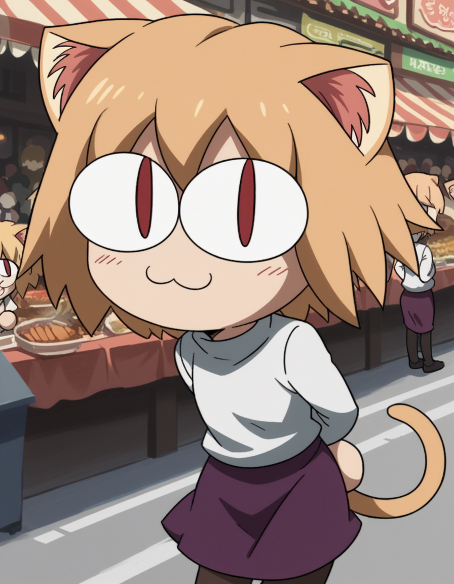score_9, score_8_up, score_7_up, source_anime, <lora:carnivalphantasm-neco-arc-ova-ponyxl-lora-nochekaiser:1>, neco arc, short hair, blonde hair, red eyes, animal ears, tail, cat ears, chibi, cat tail, slit pupils,, skirt, pantyhose, sweater, purple skirt,, street market, vendor, street food, bustling crowd, local flavor, vibrant, smile, , hands behind back, bent over,, solo,, dutch angle, cowboy shot