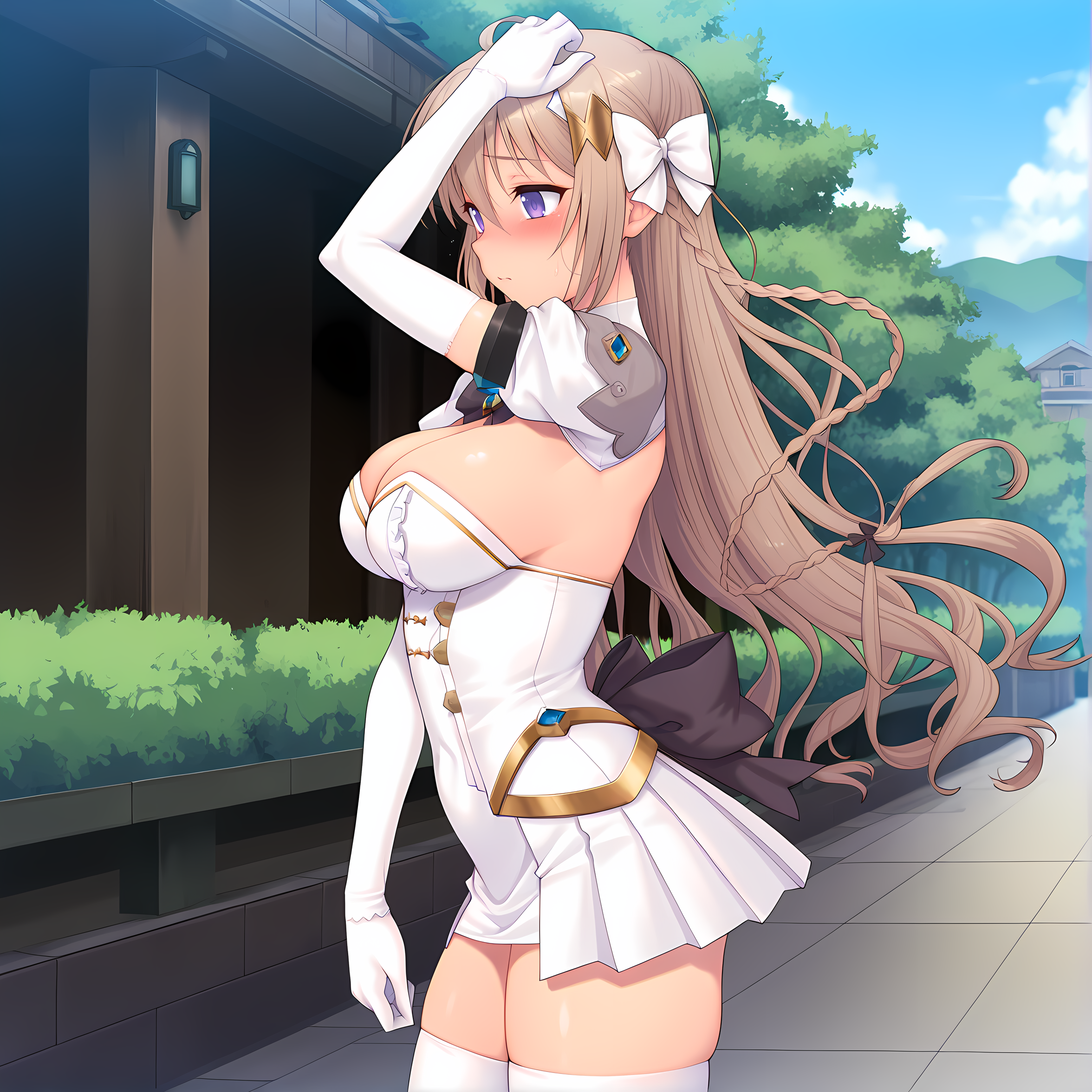 <lora:Tierna:0.9>,tierna,solo,long hair,breasts,purple eyes,large breasts,blush,brown hair,braid,hair bow,base outfit,gloves,thighhighs,blush,aroused,outdoors,from side,arm up,, masterpiece,best quality,amazing quality, very aesthetic, absurdres,detailed eyes,ultra-detailed,