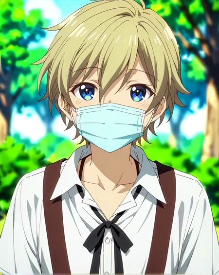 masterpiece, best quality, very aesthetic, absurdres, very detailed, depth of field, ((1boy, solo, male only, male focus, upper body)), (falma_de_medicis, blonde hair, blue eyes, short hair, hair between eyes, bangs), happy, looking at viewer, facing viewer, suspenders, shirt, white shirt, collared shirt, black neckwear, neck ribbon, surgical mask, collarbone, outdoors, <lora:Lightning-8:1> <lora:falma_sdxl_lora:0.74>
