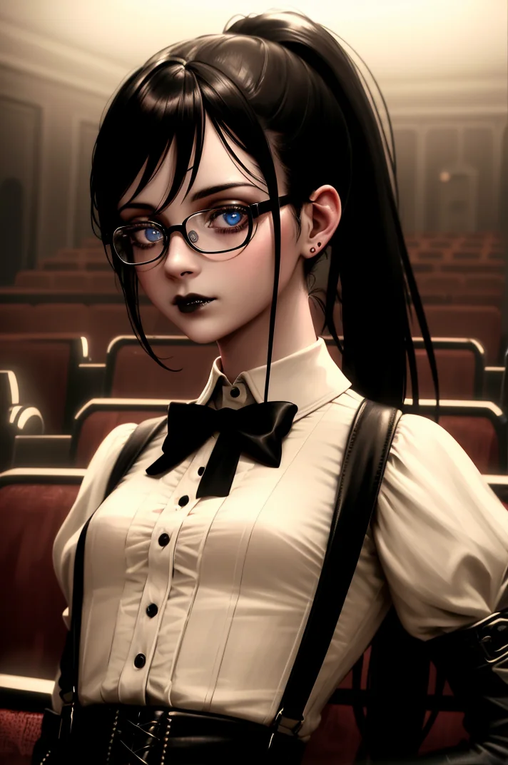 ((realistic)), cinematic shot, movie theater, photo referenced, highest quality, high quality, (detailed face and eyes:1.1), sinny goth girl, victorian clothes, suspenders, ponytail, black lips, glasses, inside an old mansion, subsurface scattering, intricate (high detail), ((cute)), (detailed skin:1.1), shiny skin, photorealism, volumetric lighting,