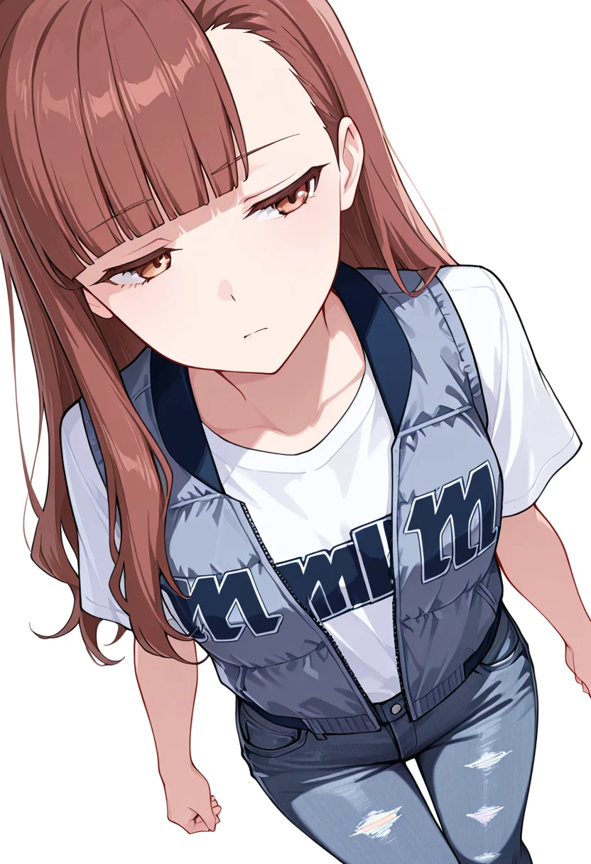 masterpiece,high quality details, absurdres,
<lora:Nagisa_Satou:0.8>
nagisa_cnr, 1girl, brown hair, long hair, blunt bangs, asymmetrical bangs, brown eyes,, simple background, white background, dutch angle,solo,, lonely,disdain,, t-shirt ,button-up vest ,patched jeans, ,print pantyhose,