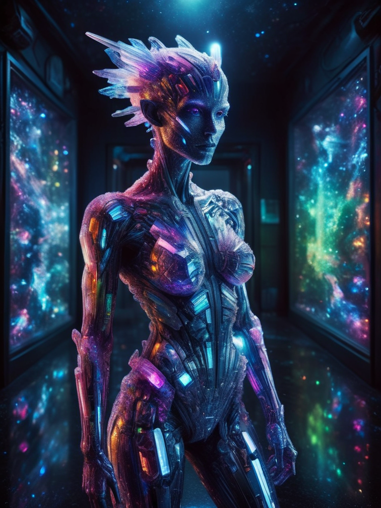 full body shoot, looking at viewer, in mythical cyberpunk dungeon, impossibly beautiful portrait of alien shapeshifter entity, surreal horror, inverted neon rainbow, crystalz <lora:crystalz:1>