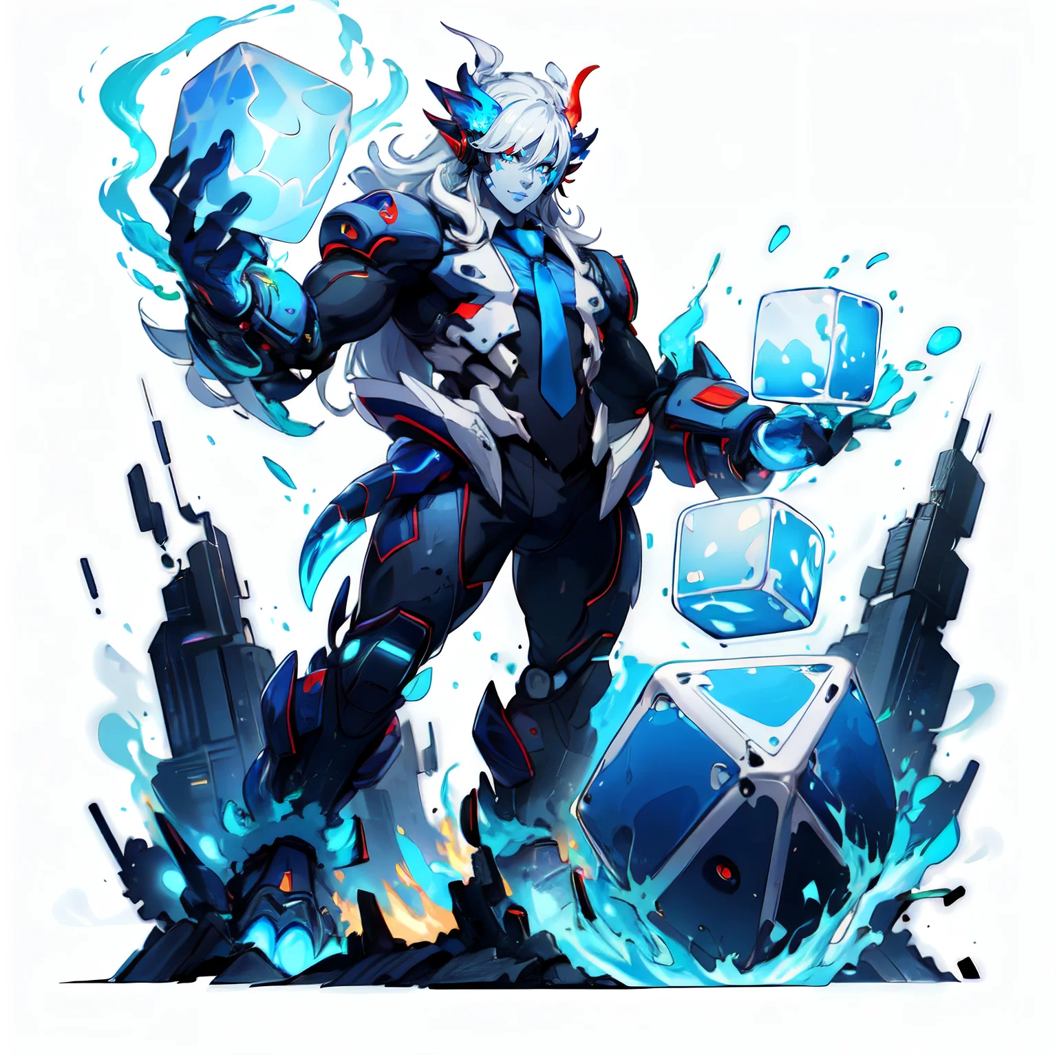 (simple background:1.2), ( white background:1.2), detailed eyes,  full body, looking at viewer, scifi,(monster girl:1.1),monster girl, athletic, , smug, paleskin , boy, blue eyes, white hair, necktie, (academy uniform:1.1), trousers, multicolored, (lifting a giant cube), skin, colored skin, long hair, white strands, blue hair,  <lora:worldoffire:1> worldoffire
