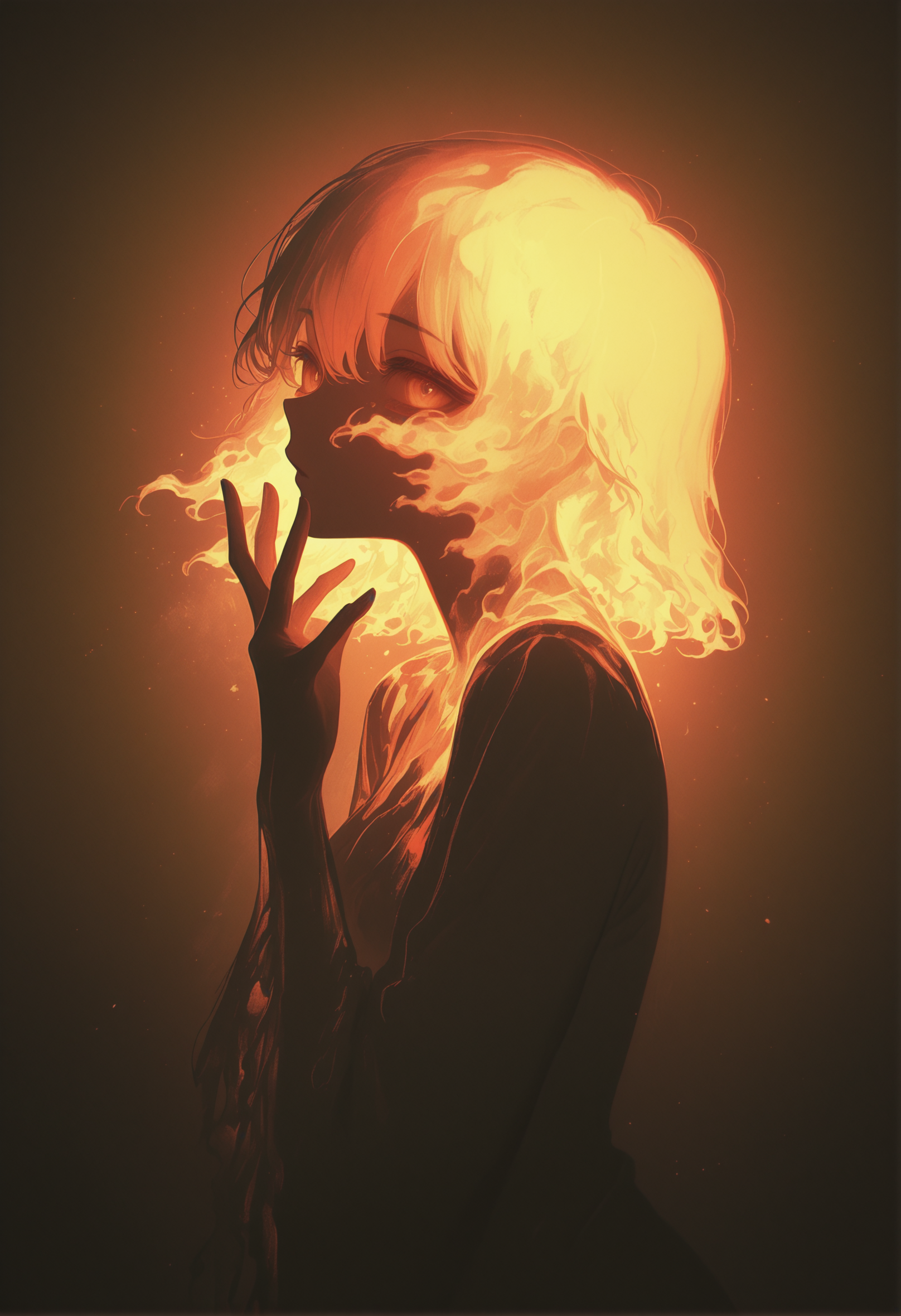 masterpiece, best quality, amazing quality, very aesthetic, absurdres,  newest,, 1girl, (double_exposure:1.4), ghost, double exposure, merging, (fading:1.2), french_kiss, face focus, portrait, fire and ice, dual_persona, LeIsT0_illu, multiple_fusions,  fire, ice, 0010011_illu,  volumetric light, soothing, heaven and hell, warm and cold theme, split_theme, fragmented
