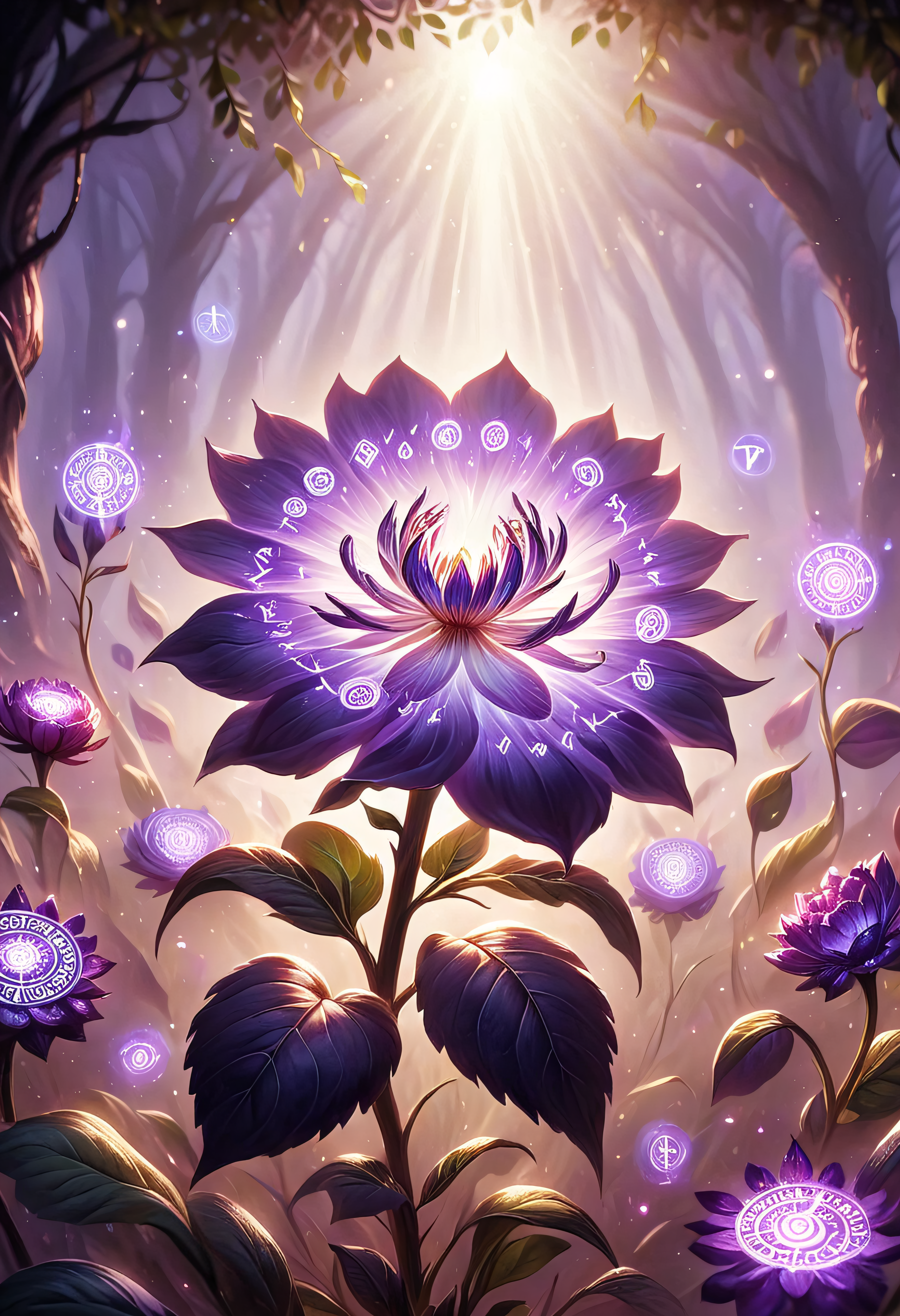 Glowing Runes, a purple flower surrounded by glowing runes, concept art realism,