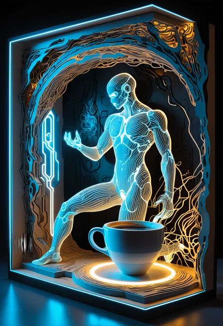 A stunning 135mm wide shot of Cup of coffee, in a papercut_shadow_box style, set in A colossal underground cavern glowing with bioluminescent fungi, a dynamic kneeling pose and an drunk expression. The scene is illuminated by dynamic chiaroscuro lighting, enhancing the heroic atmosphere. Electric arcs dancing along exposed wires. Illustrated with masterful precision, blending ultra-HD detail with hand-crafted textures and striking artistic depth. Every element is meticulously crafted, captures the essence of the motif in breathtaking resolution., <lora:add-detail-xl:1>, <lora:JuggerCineXL2:0.25>, Jed-Cypnk, <lora:CyberpunkStyle:0.75>,