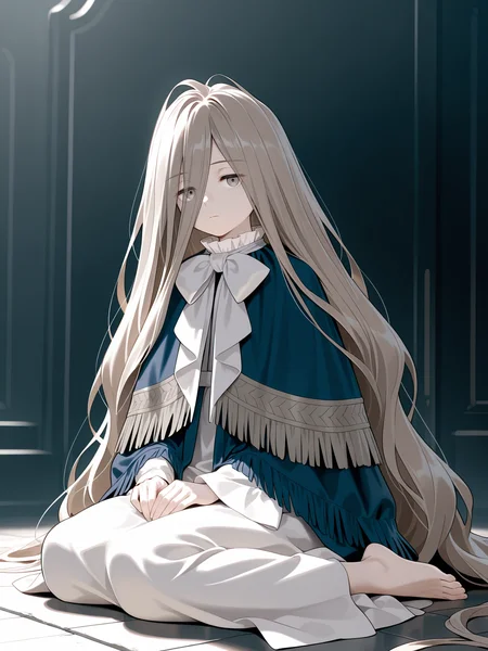 Sense,Sense,solo,dress,looking at viewer,sitting,capelet,expressionless,bow,closed mouth,full body,long sleeves,blue shawl,grey eyes,barefoot,wariza,