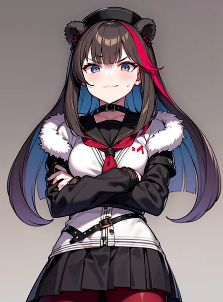 1girl, animal ears, solo, hat, blue eyes, fur trim, bear ears, looking at viewer, long hair, multicolored hair, brown hair, sailor collar, crossed arms, streaked hair, red hair, bangs, jacket, choker, long sleeves, v-shaped eyebrows, black choker, black sailor collar, fur-trimmed jacket, open clothes, neckerchief, black headwear, red neckerchief, shirt, collarbone, black jacket, school uniform, pleated skirt, red pantyhose, from below,