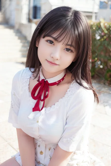 absurdres, (photorealistic:1.4), best quality, real human skin, 1girl, solo, looking at viewer, school uniform, blurry background, short sleeves, white shirt, ribbon, blue skirt, bangs, red ribbon, lips, brown eyes, depth of field, neck ribbon, brown hair, black eyes, school, (huge breasts), pose, (__kimono-color_), <lora:Rio-obentoai-v1:0.75>, (photorealistic:1.4), smile, detailed face, simple background