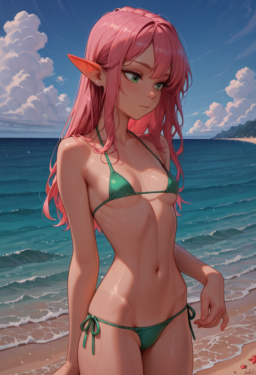 masterpiece, best quality, amazing quality,  <lora:p0nyd1sney1ncasev1x0n2-v2:1>, p0nyd1sney1ncasev1x0n2, 1girl, 25 years old, perfect face,
green eyes,
slim, small breasts, kawaii,
long hair, pink hair,
elf, pointy ears,
micro bikini, green bikini, lowleg bikini, side-tie bikini bottom,
outdoors, beach, ocean, day, cowboy shot,