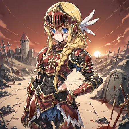 (score_9, score_8_up, score_7_up, score_6_up), source anime, BREAK, <lora:Aegina:0.60> , aegdef, 1girl, blonde hair, long hair, braid, blue eyes, valkyrie, visor (armor), winged helmet, armored dress, armor, gauntlets, boots, serious, closed mouth, looking at viewer, solo, cowboy shot, angel, angel wings, white feathers, blood, blood on clothes, blood on face, hand on hip, tired, battlefield, bloody, corpses, crosses, graveyard, rubble,  <lora:Pony_XL_TYGS_Gloom_Bloom_Gloomy_Anime_Art_Style:0.5>, <lora:zy_Detailed_Backgrounds_v1:0.5> , detailed background, highly detailed,  castle, fortress, wasteland, desert, sunset,  <lora:Battle_Damage:0.5> , BattleDamage, cuts, bruises, damaged, torn clothes, blood, broken armor,