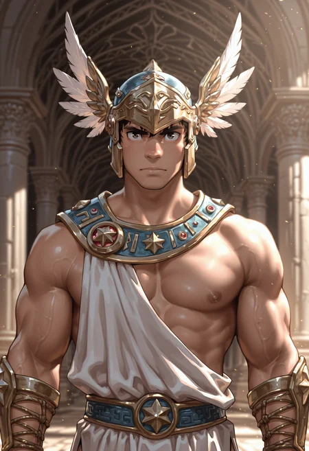 male,looking at viewer,standing,muscular,detailed eyes,winged helmet,ancient greek clothes,Cinematic Lighting,moody lighting,best quality,upper body,<lora:danzienginelora-20:0.9>,