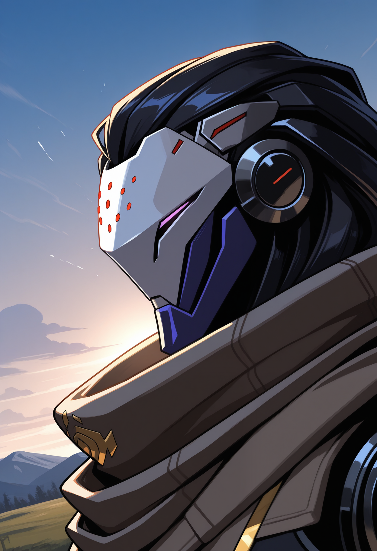masterpiece,best quality,amazing quality,1boy, solo, r4m4ttr4, robot boy, scarf, side angle, close up, outdoors,