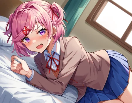 score_9, score_8_up, score_7_up, source_anime,
ddlcnatsuki, <lora:ddlc-natsuki-ponyxl-lora-nochekaiser:1>
ddlcnatsuki, fang, hair ornament, pink hair, purple eyes, short hair, short sidetail, swept bangs, x hair ornament,
blazer, blue skirt, brown jacket, collared shirt, jacket, long sleeves, miniskirt, neck ribbon, pleated skirt, red ribbon, ribbon, school uniform, shirt, skirt, swept bangs, vest, white shirt, wing collar, x hair ornament,
indoors, bed, bed room, on side, blush, drunk,
looking at viewer, dutch angle, cowboy shot,