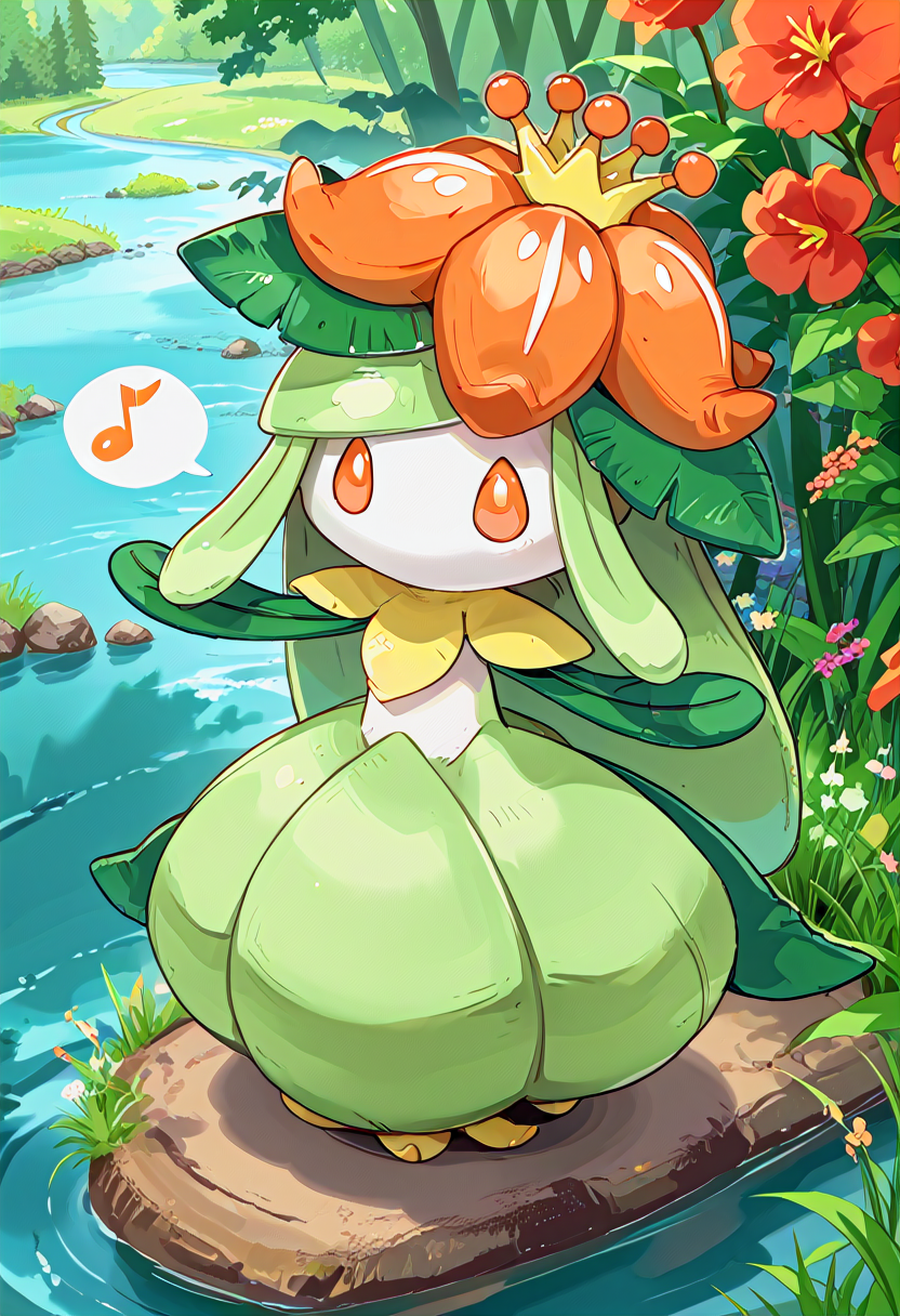 score_9, score_8_up, score_7_up, source_anime,
((masterpiece, extremely detailed)), sharp, 4K bright colors, pastel colors BREAK
background: forest, tall grass, leaves, flowers, sunbeam, (river:1.4),  stream, reeds
L1LL1G4NT, orange eyes, orange flower, crown, no mouth, white face, white abdomen, no humans, pokemon (creature), leaf arms, leaf hair, plant girl
looking at viewer, singing, dancing, musical note, spoken musical note, happy, chibi
(anime style:1.3)
 <lora:Lilligant:1>