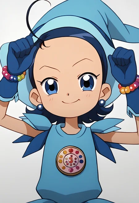 score_9, score_8_up, score_7_up, score_6_up, score_5_up, score_4_up, masterpiece, source_anime BREAK 1girl, c-aiko, blue hair, short hair, blue eyes, ahoge, blue witch hat, blue dress, short sleeves, necklace, jewelry, blue earrings, bead bracelet, blue gloves, looking at viewer,  <lora:Aiko_Seno_PONY_c:1>