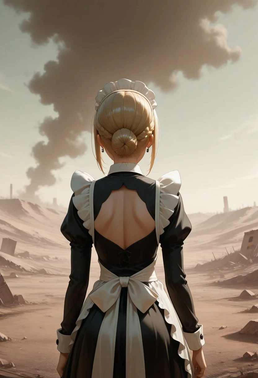 maid, from behind, wasteland, back cutout