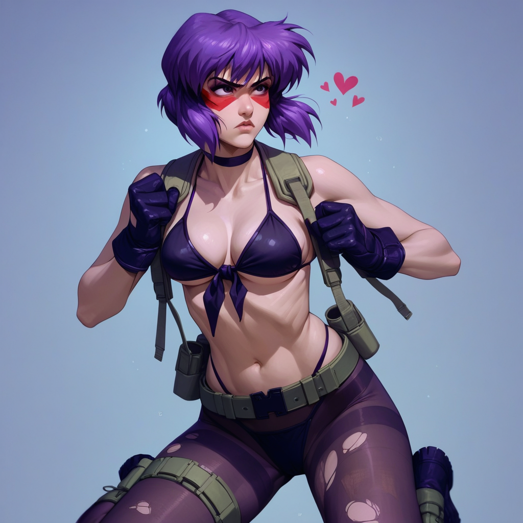 score_9, score_8_up, score_7_up, source_anime, expressive, anime, Artist Style:urushihara_satoshi, speedlines, dynamic, hearts, 1girl, Motoko Kusanagi\(Ghost in the Shell\), (purple Hair:1.3), quietcosplayXL, bikini, black choker, front-tie_bikini_top, gloves, lowleg_pantyhose, black bikini, pantyhose, torn_pantyhose, facepaint, makeup, eyeliner, thigh_strap, green_belt, boots, quiet_(metal_gear)_(cosplay), cosplay