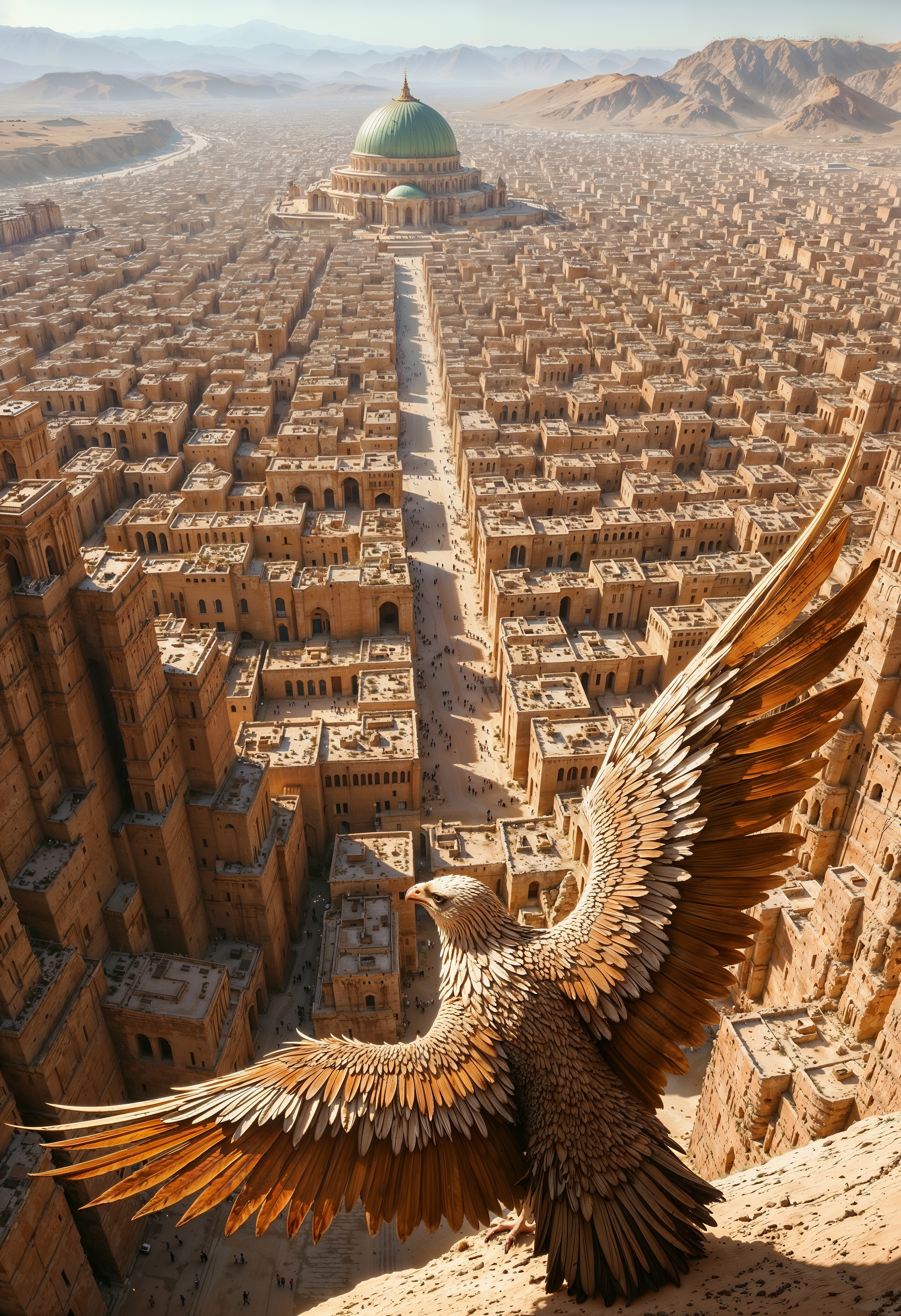 a bird's-eye view of an ancient desert city, with a large bird of prey, possibly an eagle, in the foreground. The bird's wings are spread wide, showcasing intricate feather details in shades of brown and white. Below, the city is sprawling with tightly packed, sand-colored buildings and narrow streets, creating a labyrinthine layout. In the distance, a prominent green-domed structure stands out, surrounded by a haze that suggests a desert environment. The sky is clear, with a soft blue hue, enhancing the overall warm and arid atmosphere of the scene.