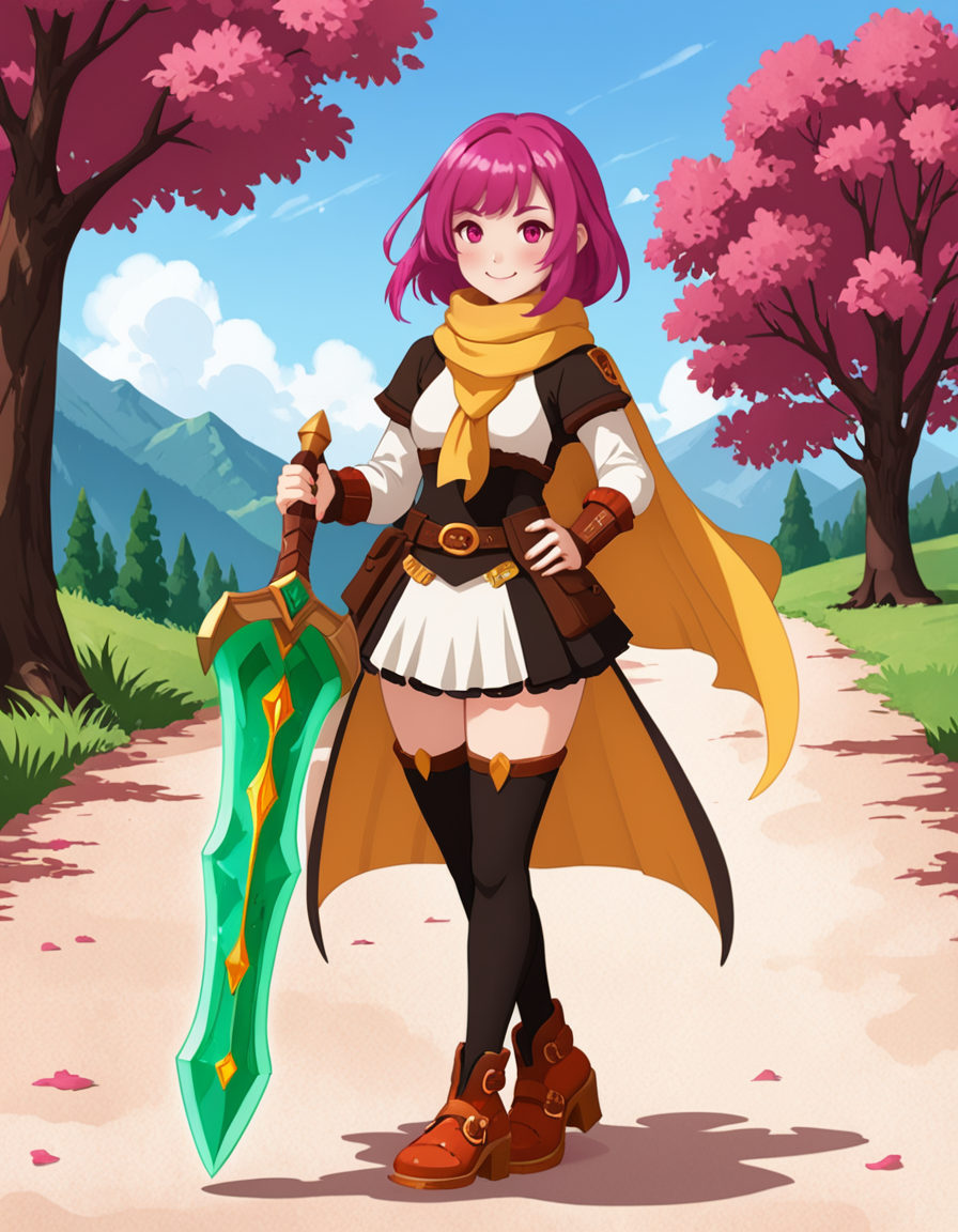 OneStepFromEdenStyle, 1girl, wide_hips, blush, solo, outdoors, [yellow] scarf, [Magenta] eyes, [jade] hair, smile, full_body, high_fantasy, amber footwear, holding_weapon
 <lora:OneStepFromEdenStyle_Illustrious:1>
