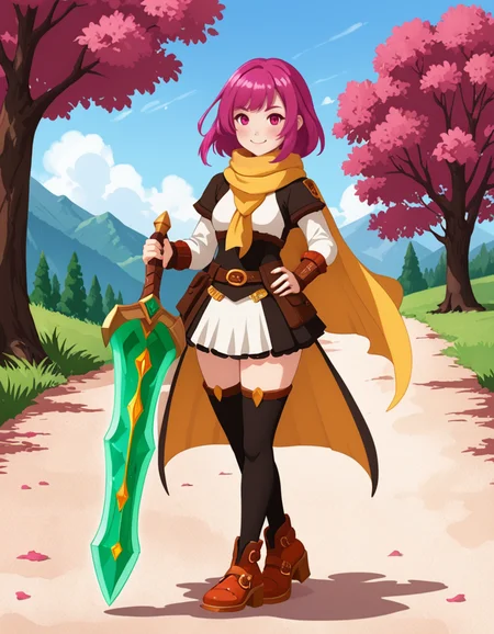 OneStepFromEdenStyle, 1girl, wide_hips, blush, solo, outdoors, [yellow] scarf, [Magenta] eyes, [jade] hair, smile, full_body, high_fantasy, amber footwear, holding_weapon
 <lora:OneStepFromEdenStyle_Illustrious:1>