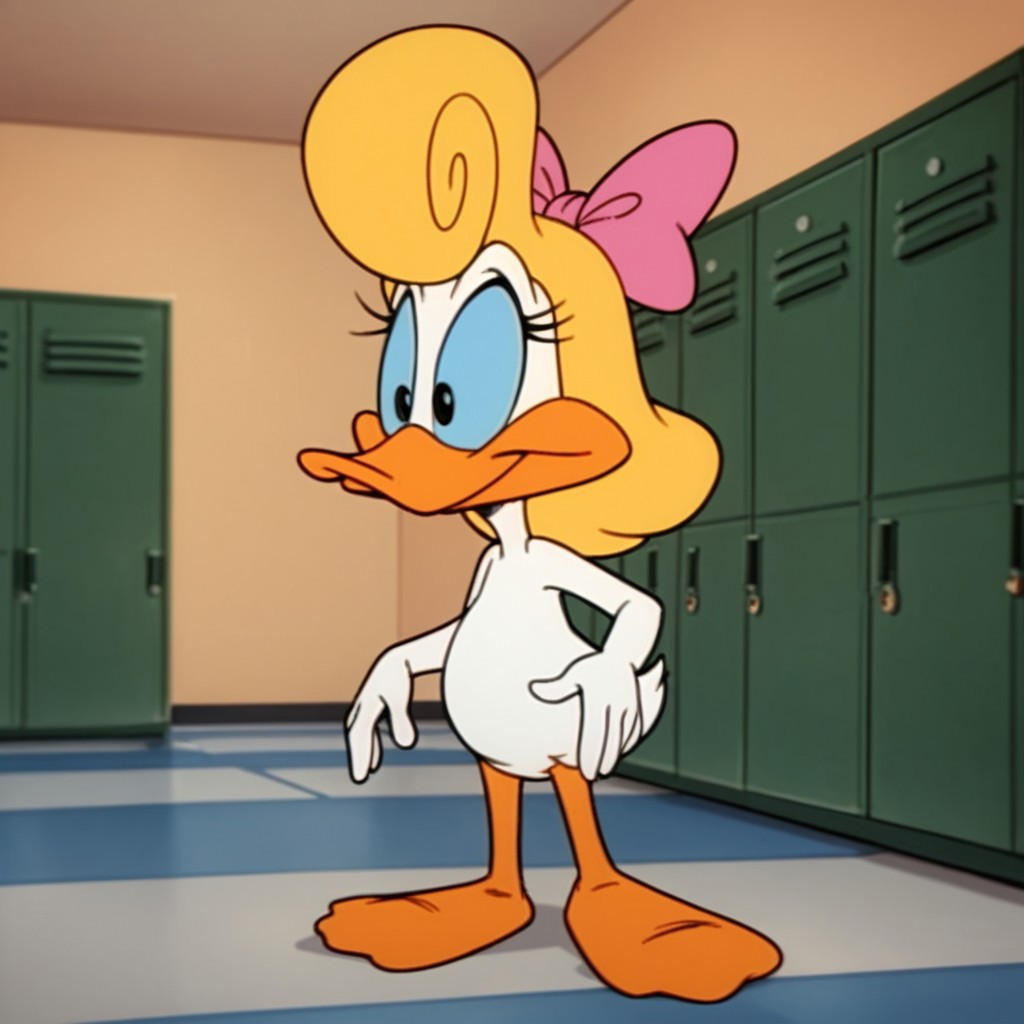 score_9, score_8_up, score_7_up, score_6_up, score_5_up, score_4_up, source_furry, Shirleytta, semi-anthro, female, duck, blonde hair, blue sclera, black eyes, white feathers, pink bow, locker room, standing