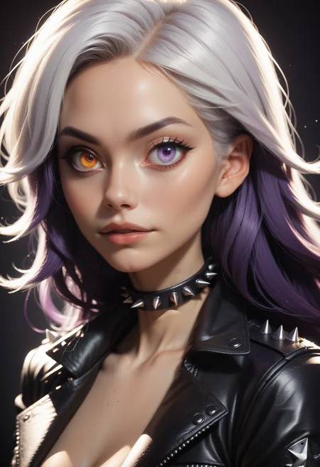 score_9, score_8_up, score_7_up,
1girl, solo, white hair, long hair, leather jacket, spiked choker,
<lora:Dark_Heterochromia_Pony_v0.4:0.5> heterochromia, left eye purple, right eye orange,