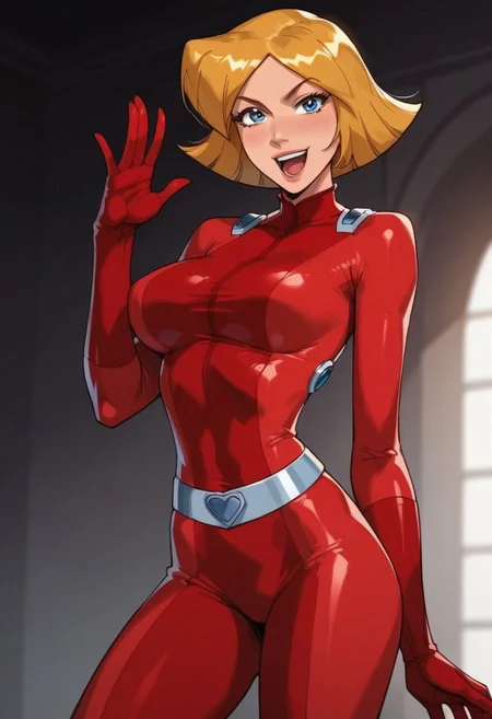 masterpiece,best quality, highly detailed, score_9, score_8_up, score_7_up, score_6_up, source_cartoon, BREAK, 1 girl, cloverts, \(totally spies\), blonde hair, blue eyes, red bodysuit, large breasts, thick thighs, happy