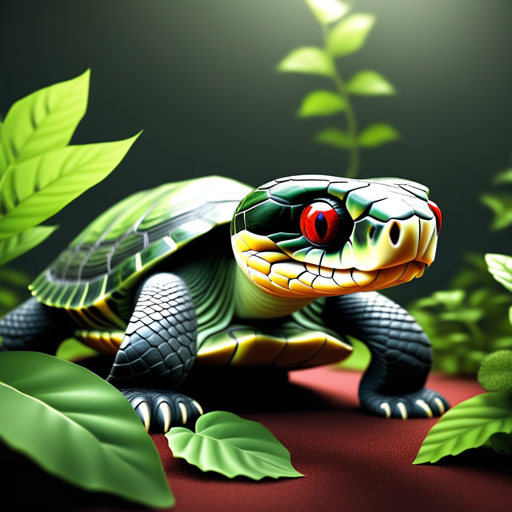 no humans, realistic, leaf, animal, turtle, red eyes, plant, scales, snake