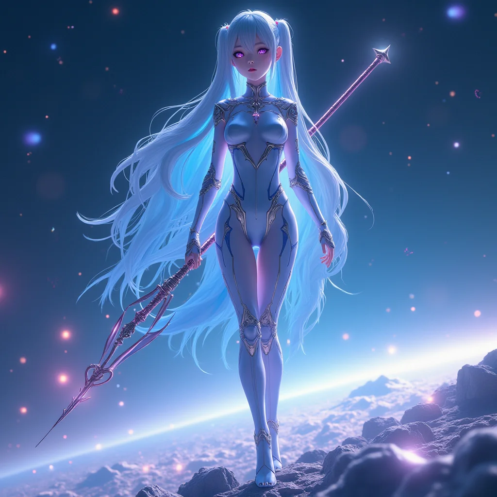 An idol biomimetic girl named "Lingguang" stands atop the vast expanse of interstellar space, with a background of colorful star systems and twinkling stars, creating an atmosphere that is both mysterious and dreamy.
"Lingguang" boasts an astonishing appearance design: her skin has a delicate jade-like tone of blue and white, resembling the brightest star in the night sky; her long hair cascades like a waterfall, alternating between deep and shallow shades of blue and silver, shimmering with enchanting light under weak illumination. Her eyes are profound and enigmatic purple, as if able to see through the mysteries of the entire universe.
The costume design of "Lingguang" is equally captivating: she wears a body-hugging dress made from high-tech materials, presenting an elegant and modern style with its streamlined design. The color subtly changes along with the surrounding starry sky, transitioning from blue to purple, then to silver and white, as if she herself were freely traversing the universe.
Her hands gently hold a long rod made of unknown metal, which not only symbolizes her power but also serves as a bridge connecting her with the mysteries of the cosmos. As "Lingguang" steps forward, it seems that the surrounding starry sky is also cheering for her, emitting heartwarming light and sounds.
The entire photo not only showcases the unique charm of "Lingguang" as an idol biomimetic girl but also conveys a spirit of infinite curiosity and desire to explore unknown worlds. Her presence is like the brightest star in the universe, guiding us to seek those beautiful and mysterious unknown corners.