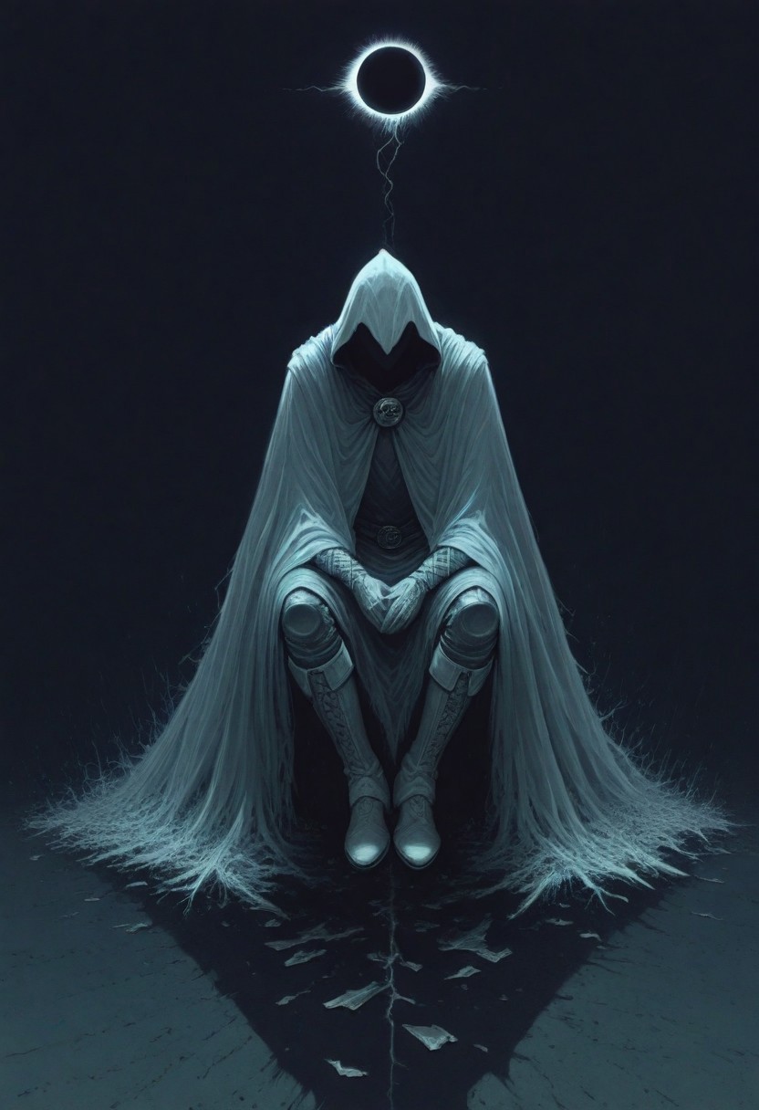 Moon knight, hidden face, mysterious, hooded, full body, dark enigmatic warrior, storm of falling shards, tattered cloak that billows in the wind, art by Wayne Barlowe, horror, eclipse, shadow, faceless, boots. sitting,