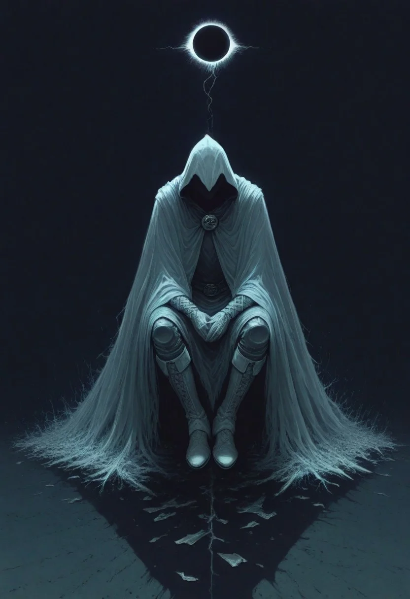 Moon knight, hidden face, mysterious, hooded, full body, dark enigmatic warrior, storm of falling shards, tattered cloak that billows in the wind, art by Wayne Barlowe, horror, eclipse, shadow, faceless, boots. sitting,