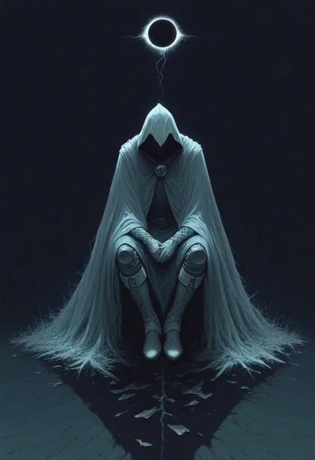 Moon knight, hidden face, mysterious, hooded, full body, dark enigmatic warrior, storm of falling shards, tattered cloak that billows in the wind, art by Wayne Barlowe, horror, eclipse, shadow, faceless, boots. sitting,