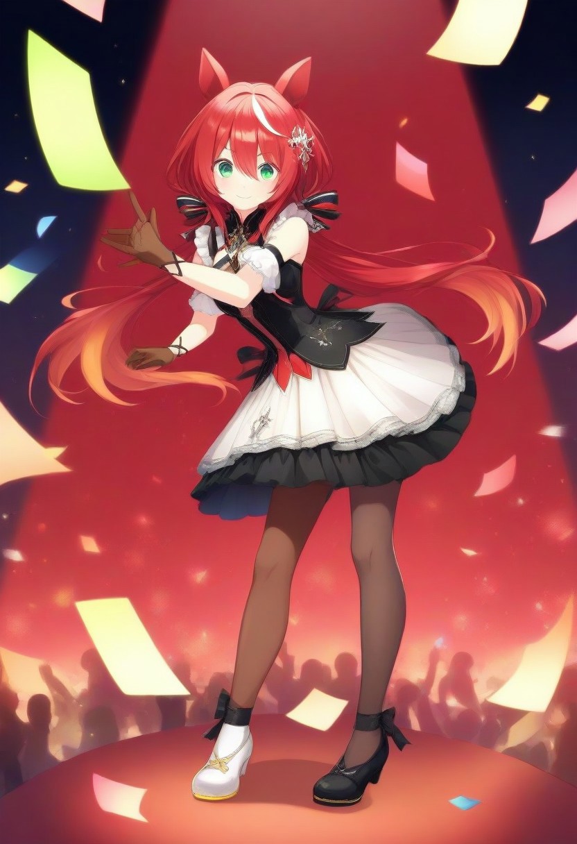 Jed-StickyN, confetti made of sticky notes, 
(win_variation_(umamusume), 1girl, solo, streaked_hair, tail, twintails, shobufuku,  )
frills, gloves, green_eyes, grey_background, hair_between_eyes, hair_ornament, horse_ears, horse_girl, horse_tail, long_hair, low_twintails, mismatched_footwear, multicolored_hair, pantyhose, 
(pleated_skirt, red_dress, red_hair, shoes, short_sleeves, skirt, small_breasts, smile,  looking_at viewer, bangs, hair_between eyes, bare_shoulders, full_body, black_pantyhose, brown_gloves, dancing, red_spotlight, black_footwear, white_footwear, mismatch_footwear, dynamic_pose,  very_long_hair, animal_ears, asymmetrical_footwear, black_gloves, black_shoes, brown_pantyhose, character_name, closed_mouth, dress, floating_hair, frilled_sleeves,, white_hair, white_shoes, white_skirt : 0.7)