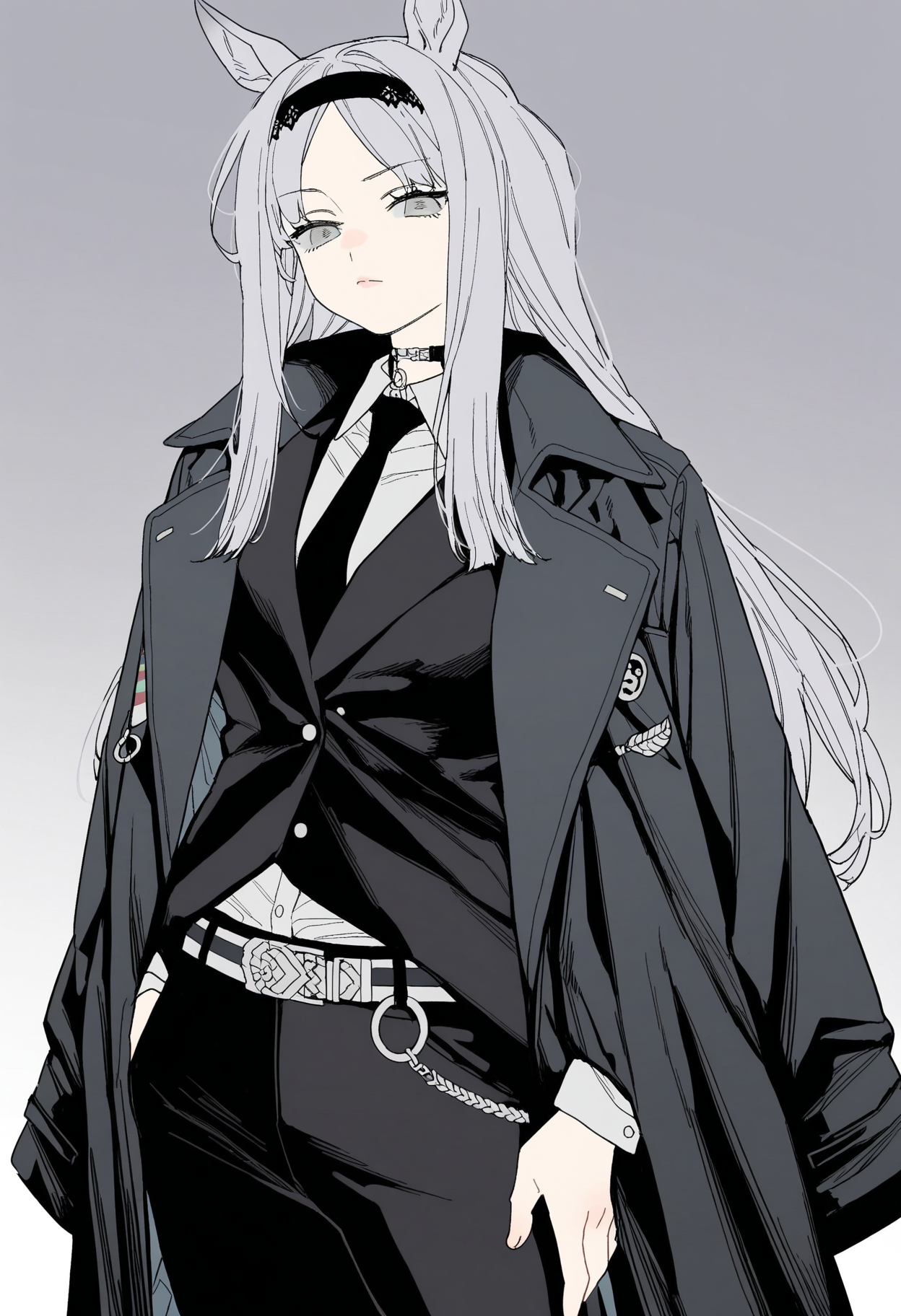 masterpiece,best quality,amazing quality,
1girl, solo, long hair, animal ears, necktie, looking at viewer, black necktie, shirt, horse ears, long sleeves, collared shirt, white shirt, cowboy shot, belt, black coat, closed mouth, white hair, grey eyes, pants, coat, bangs, parted bangs, black jacket, grey hair, black pants, jacket, choker, hairband, o-ring, lips,
 <lora:Dayama_epoch_8:1>