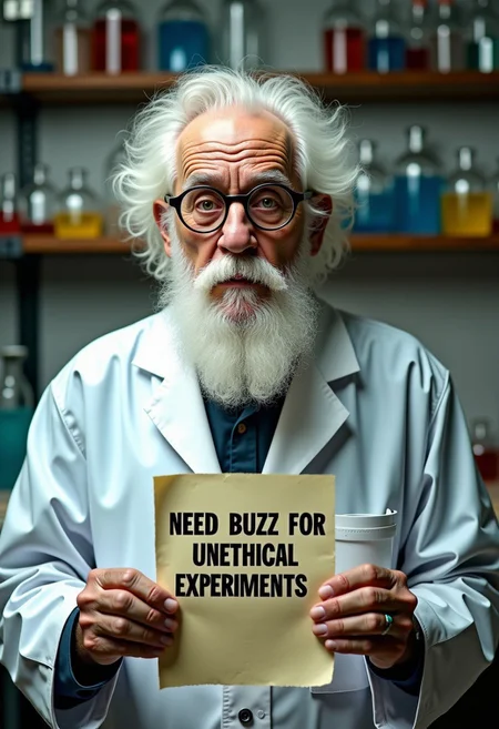 Deranged looking old man with white hair and a long beard, round glasses, scientist clothes, laboratory, chemical equipment. He is holding a piece of paper with "NEED BUZZ FOR UNETHICAL EXPERIMENTS".