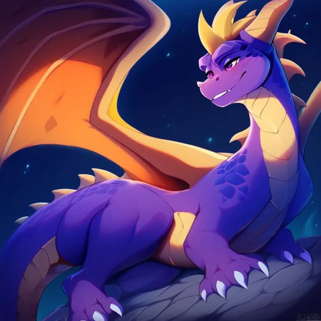 score_9, score_8_up, score_7_up, score_6_up, semi-realistic artwork, high quality, vibrant colors, best quality rendering, intricate details, high resolution, sharp focus, best render quality,[e621] Scappo Style,Expressiveh
spyro, feral,dragon,detailed scales,dragon tail, purple scales, yellow underbelly,dragon wings,membrane wings, claws,horns