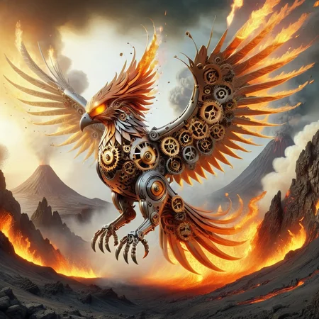 g3ars, phoenix made out of gears, mythical creature, flying through an erupting volcano <lora:Gears_World_Morph:1>