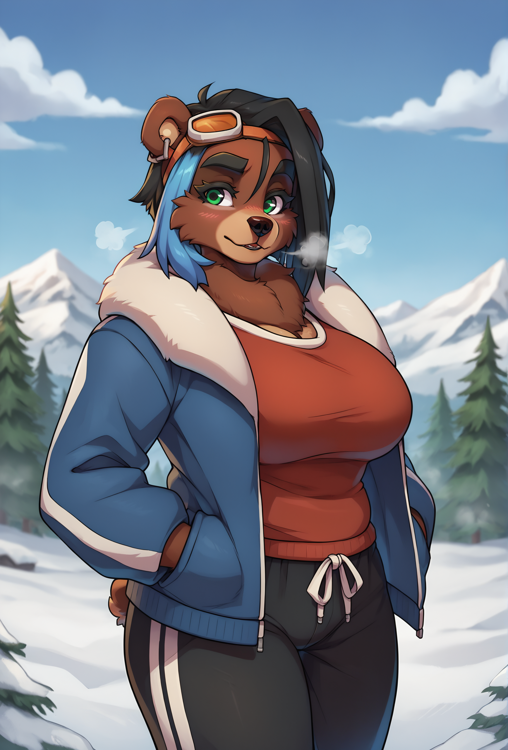 score_9, score_8_up, score_7_up, score_6_up, score_5_up, score_4_up, outdoors, mountain, mountainous horizon, snow, tree, depth of field, blue sky, cloud, breath, blush,
 <lora:bailey_fluffkevlar_ponyXL_v1.1_0.99:1> (fkbailey:1), furry, bear, 1girl, solo, thick eyebrows, multicolored hair, black hair, blue hair, green eyes, large breasts, looking at viewer, orange goggles, blue jacket, fur trim, track pants, asymmetrical hair,