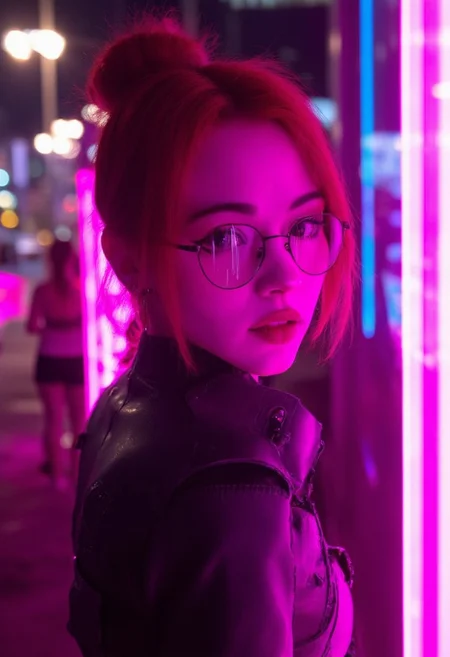 This is a digital illustration rendered in a highly stylized, hyper-realistic CGI (computer-generated imagery) style, characterized by vibrant neon colors and smooth textures. The subject is a young woman KTNK with a fair complexion and an athletic build. She has her red hair styled in a sleek, high bun. She wears round, thin-rimmed glasses that reflect the neon lights around her, adding to the futuristic ambiance.