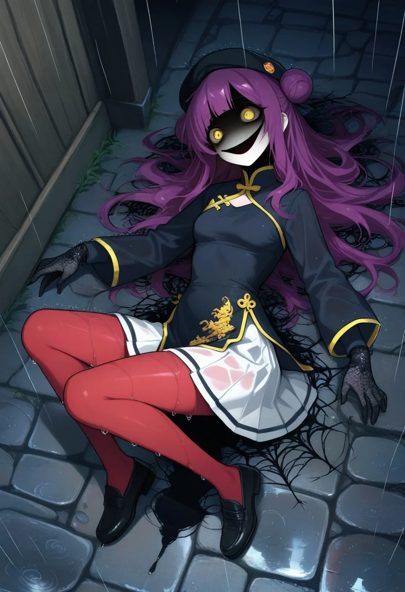 (masterpiece),(best quality),(ultra-detailed),(best illustration),(best shadow),(absurdres),(detailed background),(very aesthetic), simple background, visual novel sprite, 1girl, solo, purple hair, yellow eyes, long hair, hair buns, black hat beret, black chinese clothes, long sleeves, white skirt, pleated skirt, midi skirt, red pantyhose, black silk gloves, black loafers, small breasts, full body, lying on floor, from above, rain, puddle, wet, cobblestone, parted lips,,horror, madness, abomination, crazy smile