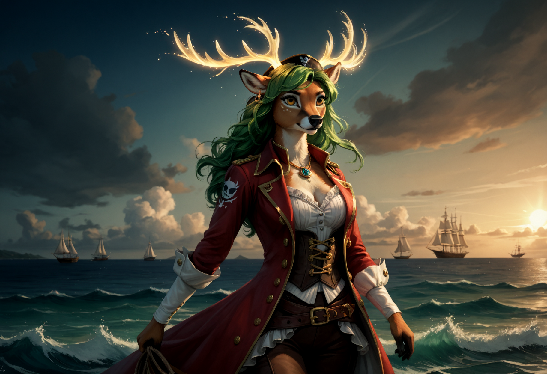 score_9, score_8_up, score_7_up, score_6_up, score_5_up, score_4_up, source_furry, , solo, 1girl, (furry:1.2), (anthro:1.2), female deer, long green hair, brown fur, yellow eyes, glowing antlers, fancy pirate clothing, (jewelry:1.2), pirate captain, cutlass, command, sailing ship, windy, (open sails:1.3), waves, distant island, highly detailed, masterpiece, high resolution, realistic, beautiful aesthetic, fluffy, SoftWaterColor, secretlab, novuschroma60 style bokeh