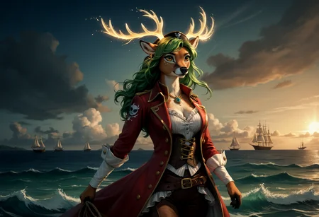 score_9, score_8_up, score_7_up, score_6_up, score_5_up, score_4_up, source_furry, , solo, 1girl, (furry:1.2), (anthro:1.2), female deer, long green hair, brown fur, yellow eyes, glowing antlers, fancy pirate clothing, (jewelry:1.2), pirate captain, cutlass, command, sailing ship, windy, (open sails:1.3), waves, distant island, highly detailed, masterpiece, high resolution, realistic, beautiful aesthetic, fluffy, SoftWaterColor, secretlab, novuschroma60 style bokeh