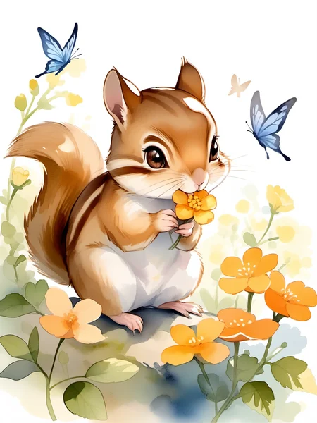Chipmunk. A chipmunk eating a flower. butterfly.
watercolor. best quality, 8k.