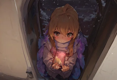 score_9, score_8_up, score_7_up, score_6_up, Aisaka_Taiga, 1girl, perfect face, cute, petite, brown eyes, colored inner hair, glowing hair, long hair, purple glowing scarf, white sweater, winter, snowing, glowing snowflakes, blush, shy smile, shy look, night, dimmed light, train, inside, compartment car, corridor, snow, from above, fisheye